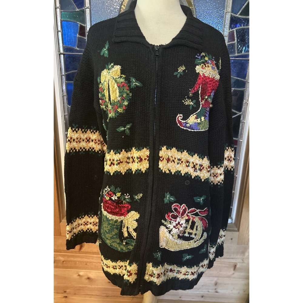 Vintage Casual Corner Ugly Christmas Cardigan Sweater Zip Front Embroidered XL
